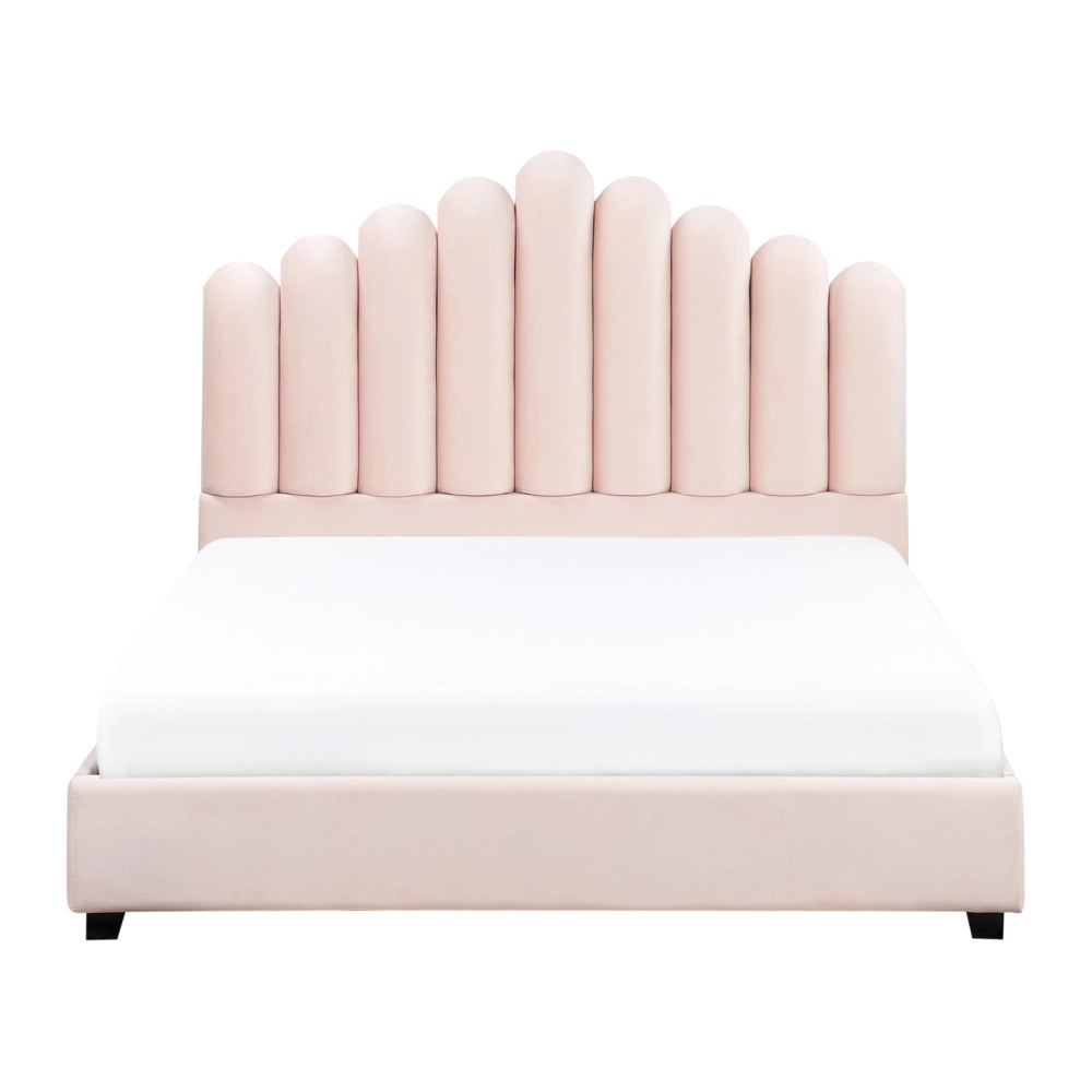 Letto matrimoniale velluto rosa 140 x 200 cm testata alta a conchiglia stile retrò