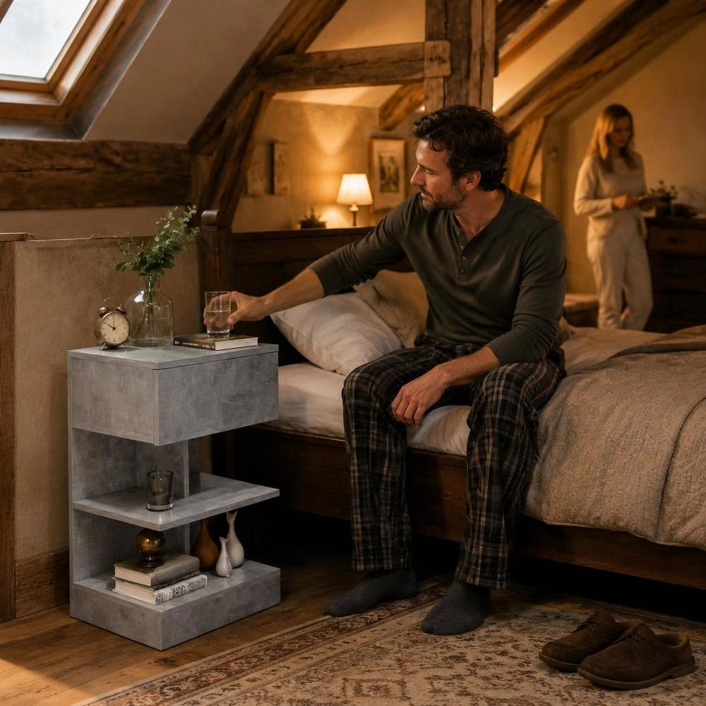 Bedside Table Concrete Grey 40x35x65 Cm Wood Material