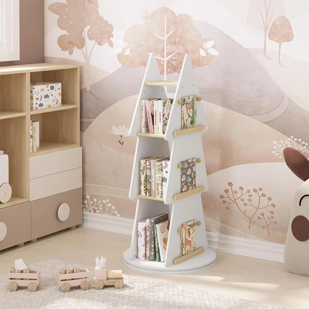 Libreria per Bambini, Libreria Rotante a 4 Ripiani, Porta Libri per Bambini ad Albero, Libreria Girevole per Cameretta, Nido Asilo, Scaffale Bianco, in Legno, Ø48x103,5cm