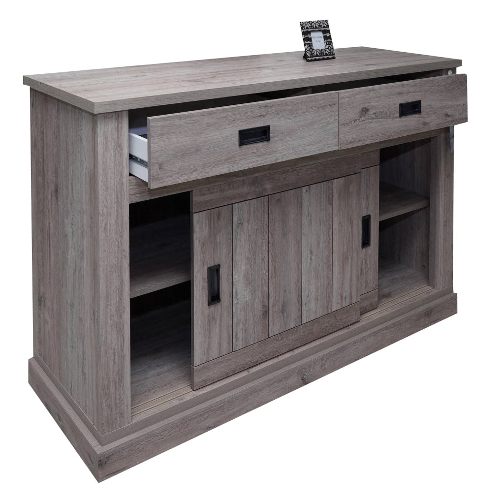 Credenza 0, Buffet stile vintage a 2 ante e cassetti, Madia con ripiani, Mobile da soggiorno, Rovere anticato, Cm 150x50h95