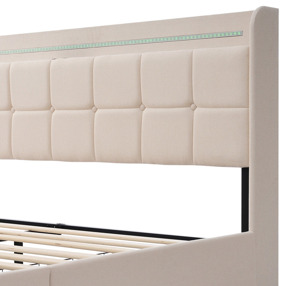 Letto imbottito con testiera LED - Xylo - 160x200 cm - Beige - USB, 4 cassetti