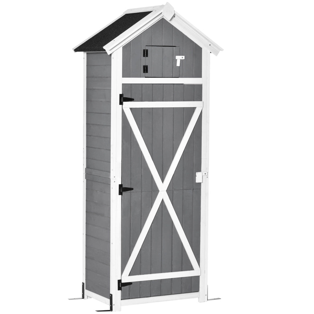 Armadio da giardino in legno con porta, tetto inclinato, ripiano interno e tavolino pieghevole, grigio scuro 78 × 52,5 × 182 cm