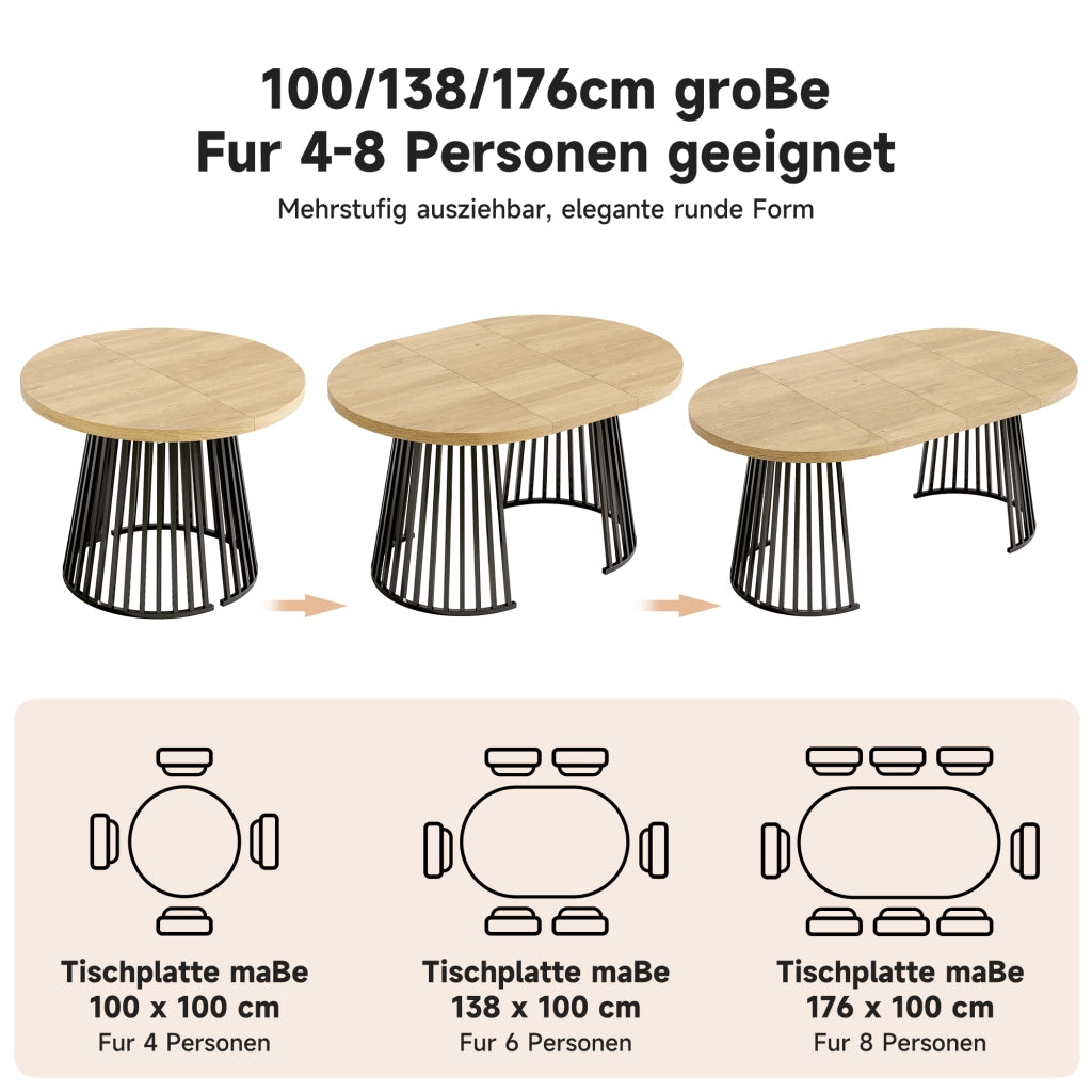 Tavolo allungabile, 100/138/176 x 100 cm, per 4-8 persone, colore naturale e nero
