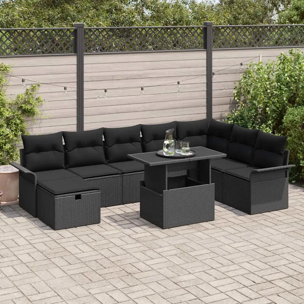 Set Divano da Giardino con cuscino 9 pcs Nero Poly Rattan 3359700