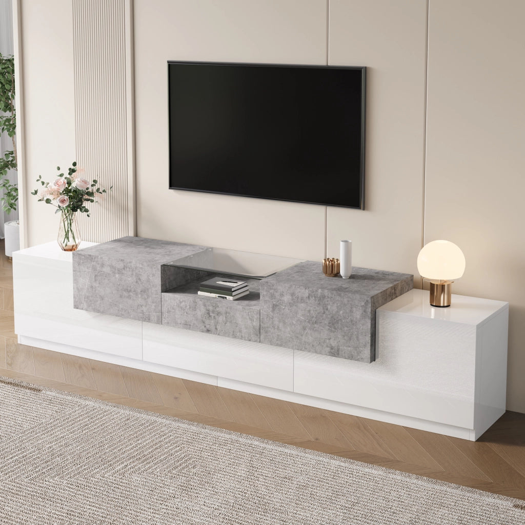Mobile TV con 4 ante; cassetto e vano aperto; passacavi - per soggiorno - 200×33×48.5 cm - bianco