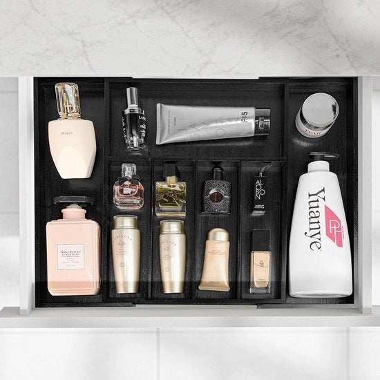 Organizzatore di carrello espandibile in bambù con decorazione argentata - ripartitori di carrello in legno per accessori da cucina - set di accessori da tavola in nero