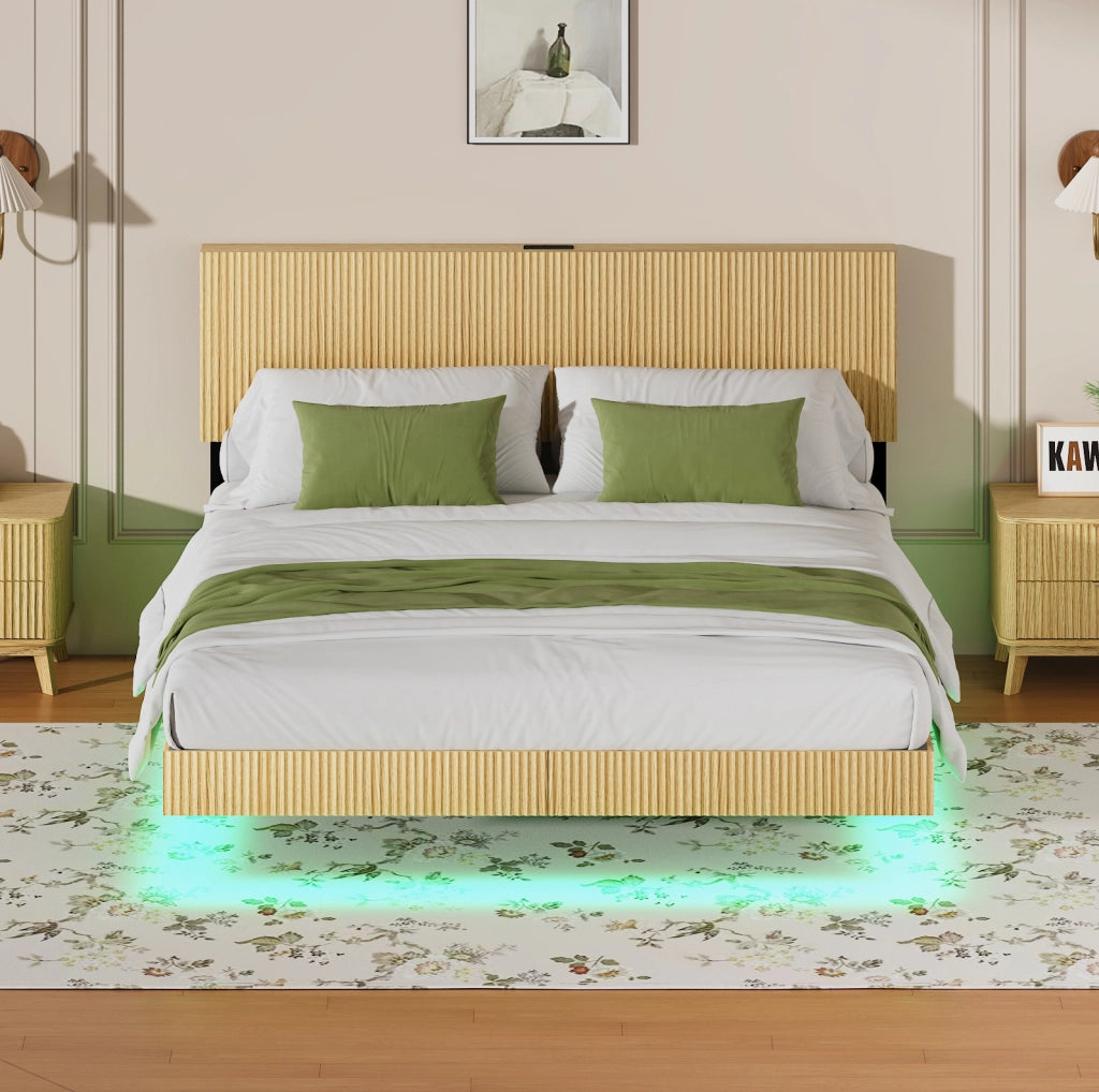 Letto sospeso 210.5x184x99.7 cm con presa integrata e luci LED RGB in metallo e pannello di particelle naturale