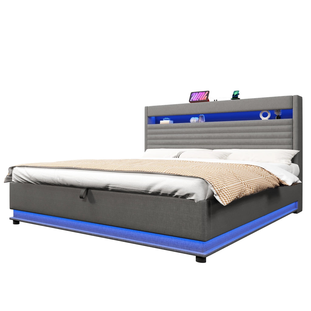 Letto Contenitore Matrimoniale 180x200 cm; USB Type-C; LED; con Rialzo Idraulico; Grigio