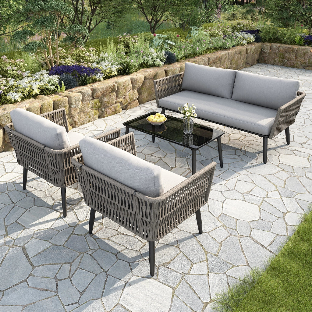 Salotto da Giardino con 1 Divano 2 Posti; 2 Poltrone e 1 Tavolino; per Terrazza; Acciaio Zincato; Poliestere; Grigio