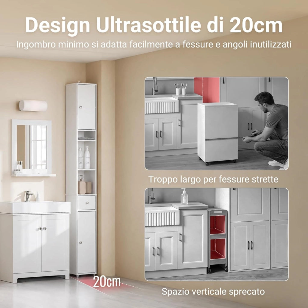 Mobile Bagno Alto e Stretto, Mobiletto Bagno Salvaspazio Mobiletto a Colonna da Terra con Ripiani Regolabili e Cassetto Armadietto per WC e Lavanderia 20×20×180 cm Bianco BZR34-II-W