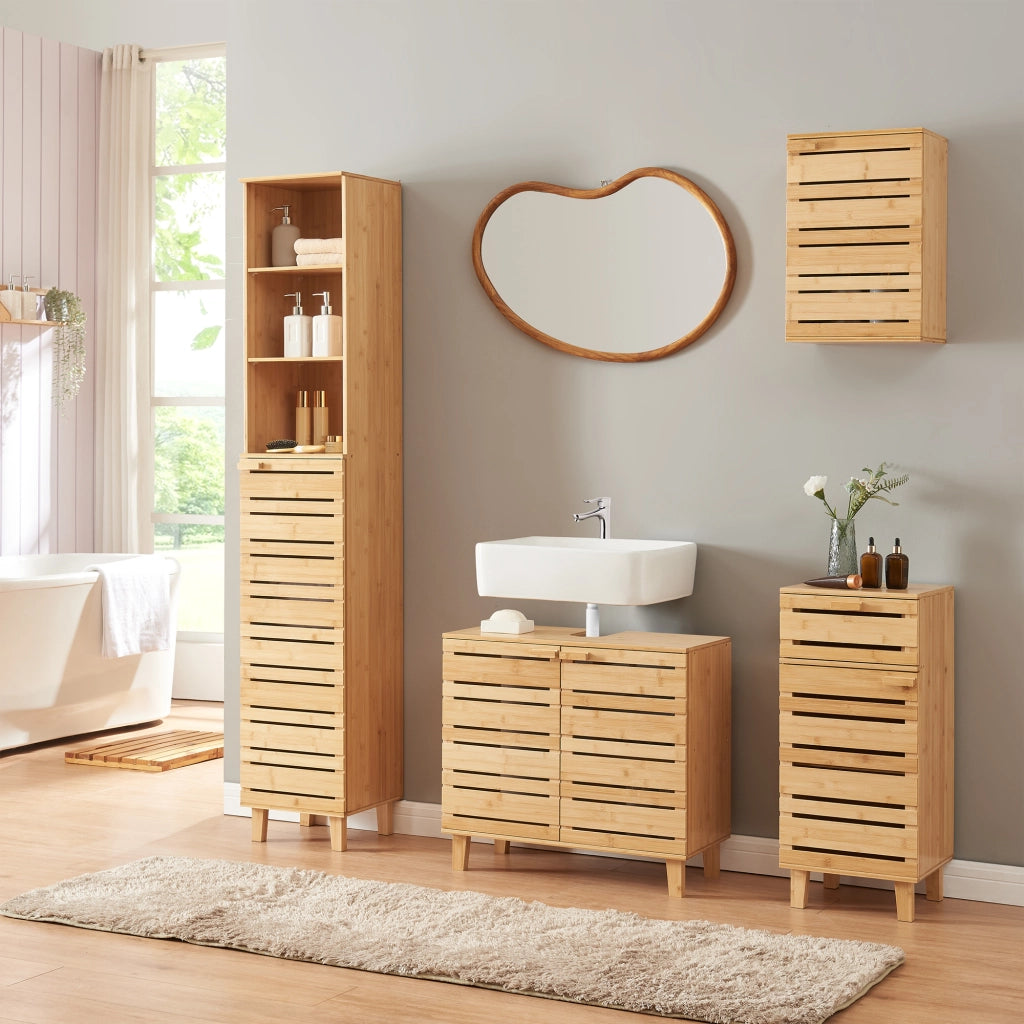 Mobile Sottolavabo da Bagno Epind con Scomparti Chiusi e Ripiano 60 x 66 x 30 cm - Bambù Naturale [en.casa]