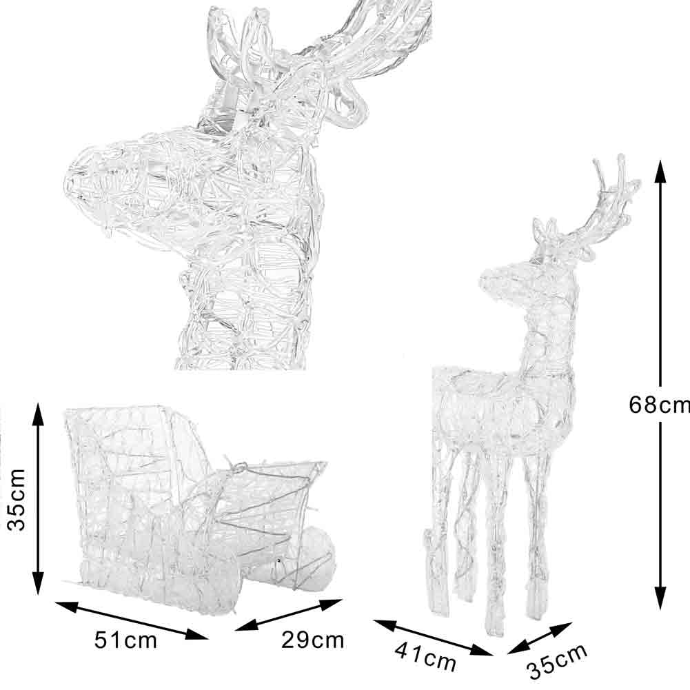 Slitta e Renne Natalizie 3D Luminose 240 LED Bianco Caldo per Esterno a batterie