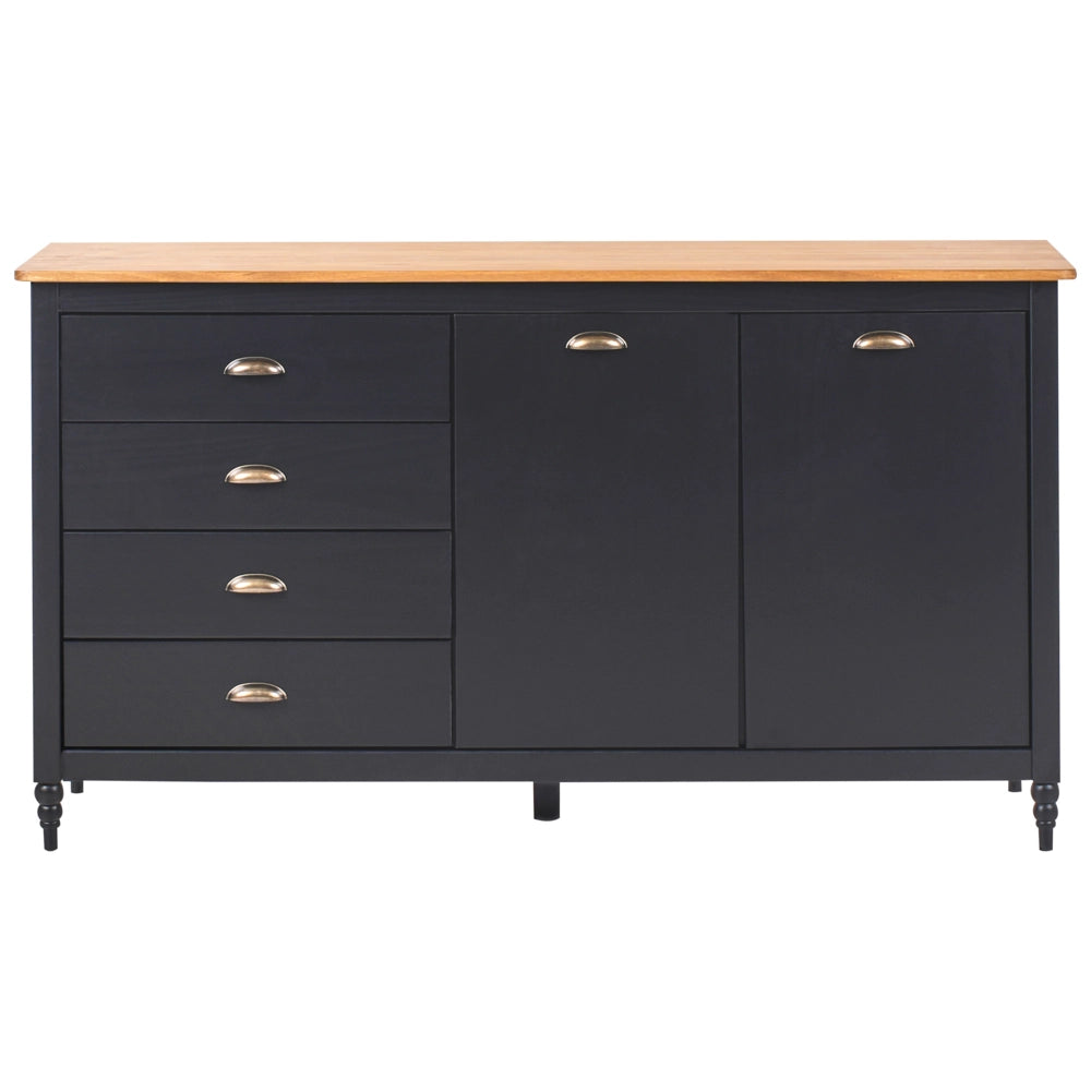 Credenza nera a 2 ante e 4 cassetti, mobile contenitore in stile scandinavo con piano in legno