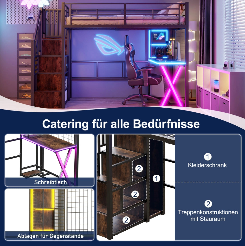 Letto a soppalco 90x200 cm con scrivania; armadio; scala contenitore e LED; nero