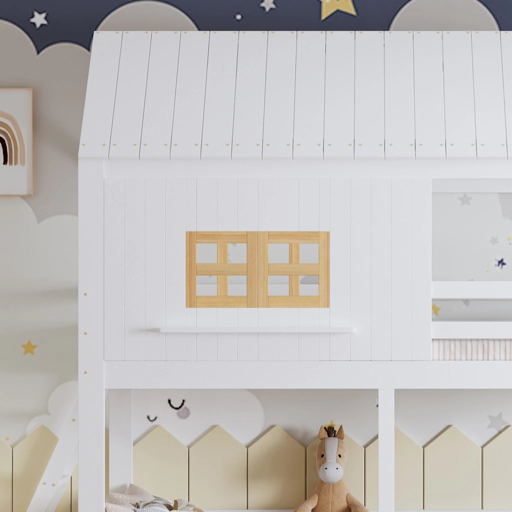 Letto a castello per bambini con finestre, tetto e due cassetti