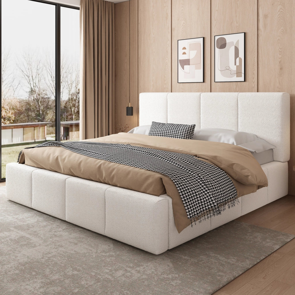 Letto Matrimoniale 180x200 cm; 2 Posti - Testiera Imbottita; Struttura Incassata in Bouclé Beige
