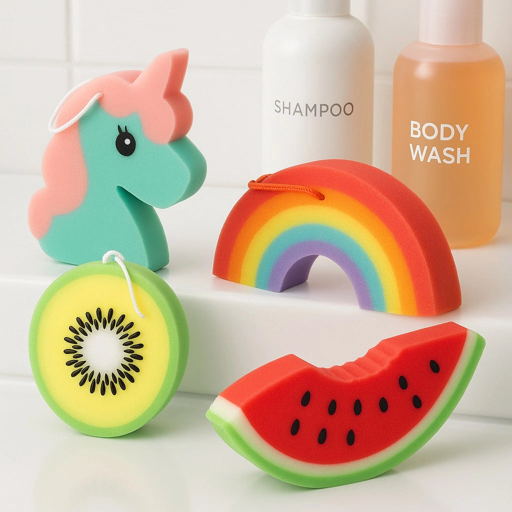 kit 4 Spugne Bagno Corpo Colorate Forme Miste Frutta Unicorno Arcobaleno Bambini Adulti