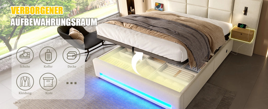 Letto contenitore 160 × 200 cm con testiera con cassetti, LED, USB-C et vano idraulico, senza materasso, beige