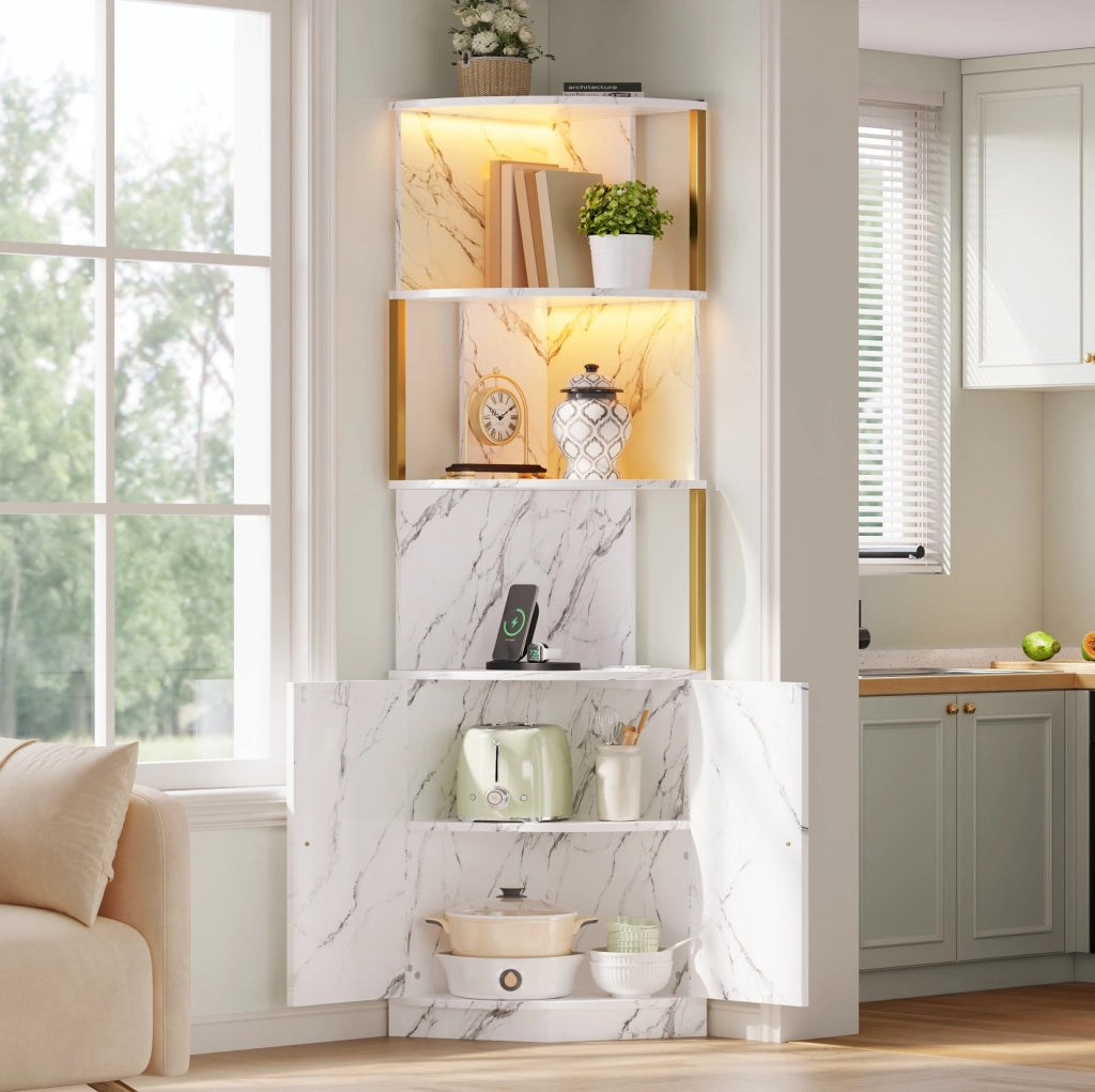 Mobile angolare alto con vani aperti e ante; 38 x 38 x 180 cm; in MDF bianco