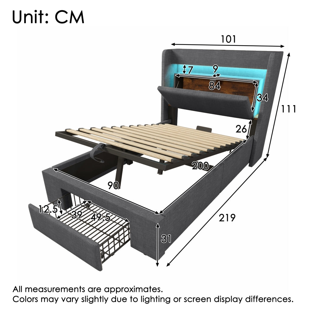 LETTO imbottito 90x200 cm con LED, porte USB e USB-C, grigio