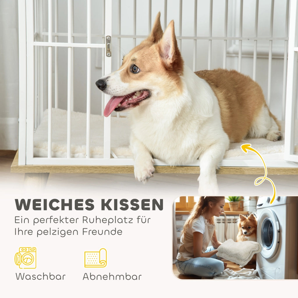 Casetta per cani con tappetino estraibile e porta a chiusura ¨C zephmum ¨C 86x60x70 cm, bianco e grigio, metallo