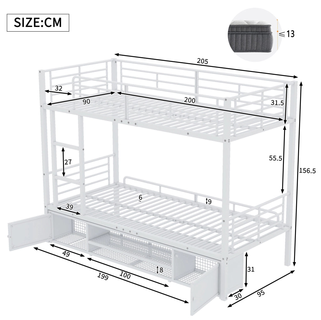 Letto a castello in metallo 90x200 cm bianco con scala; sponde; scarpiera e 2 armadietti