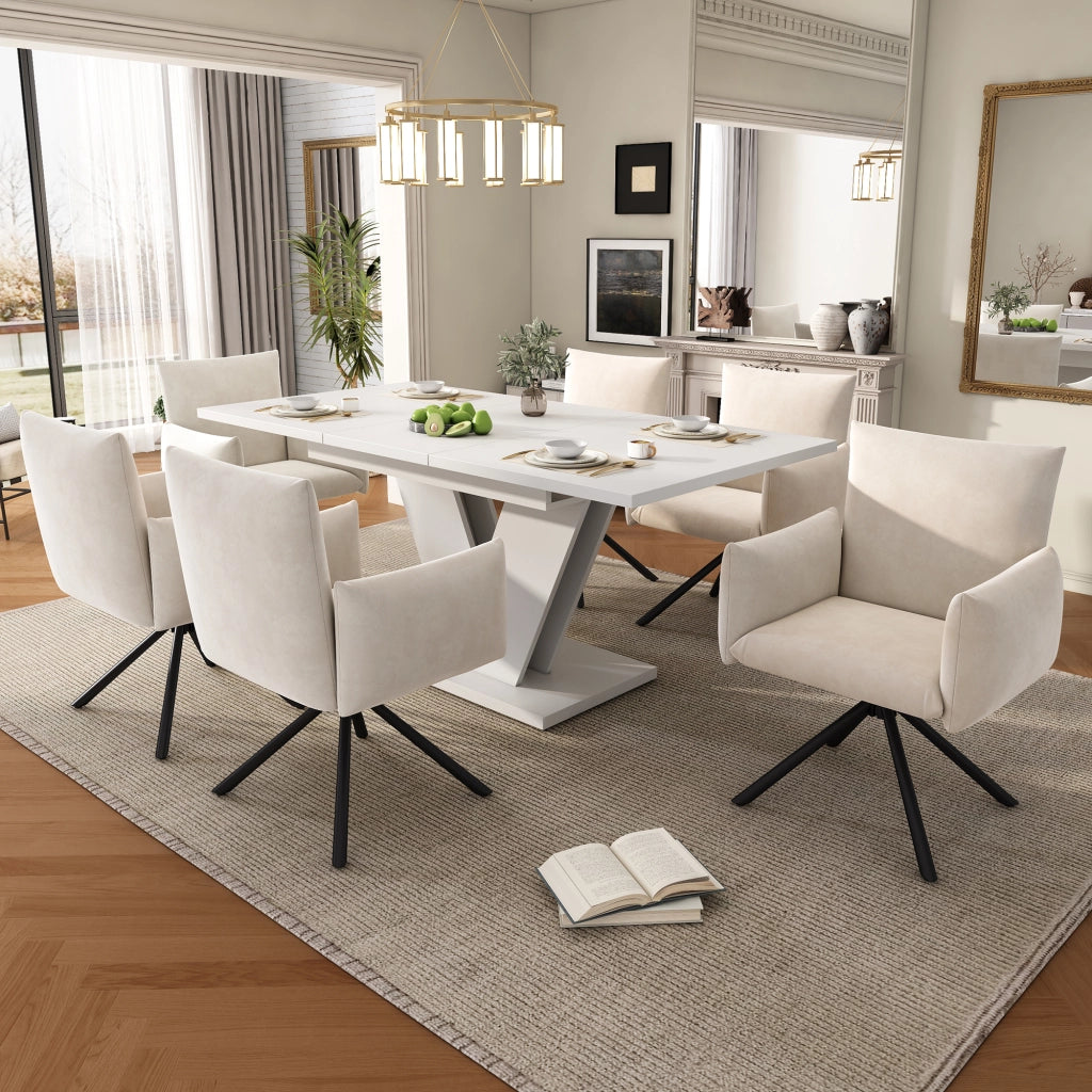 Tavolo da pranzo allungabile con 6 sedie girevoli in velluto, piano in MDF, gambe a V, per sala da pranzo, bianco