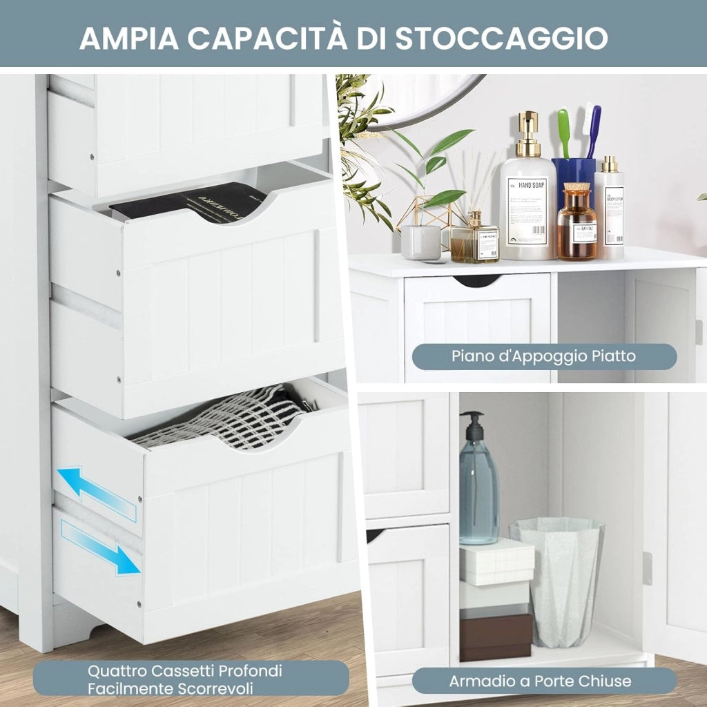 Mobile Bagno 56 x 30,5 x 81 cm, Mobiletto Bagno Salvaspazio con 4 Cassetti e Mensola Regolabile, Armadietto Multiuso per Ingresso, Salone, Camera da Letto e Cucina (Bianco)
