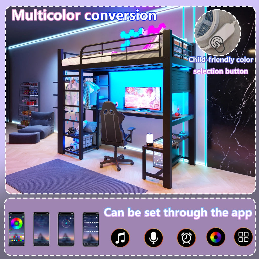 DESMIU Lit mezzanine 90 × 200 cm 1 posto con LED, ripiani e scrivania, senza materasso, in metallo, nero