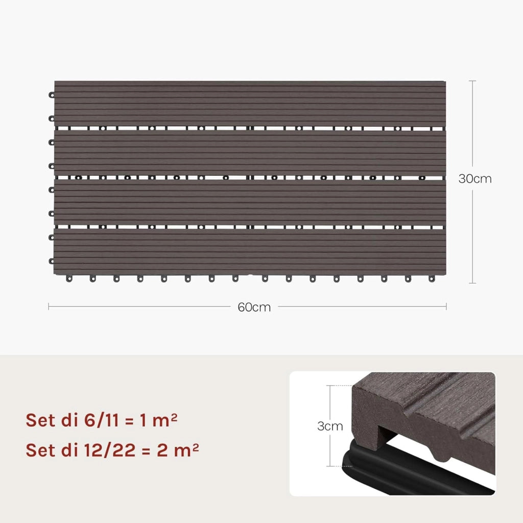 GTF005co Piastrelle per Pavimenti da Esterno Mattonelle Pavimentazione ad Incastro Click-Deck in Legno Composito, con 6 Pannelli da 30x60 cm Caffè