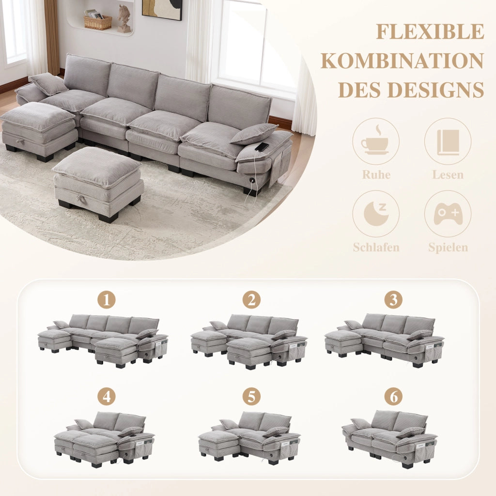 SOFA 4 POSTI in corduroy 330x132x84 cm grigio chiaro con 2 hocker