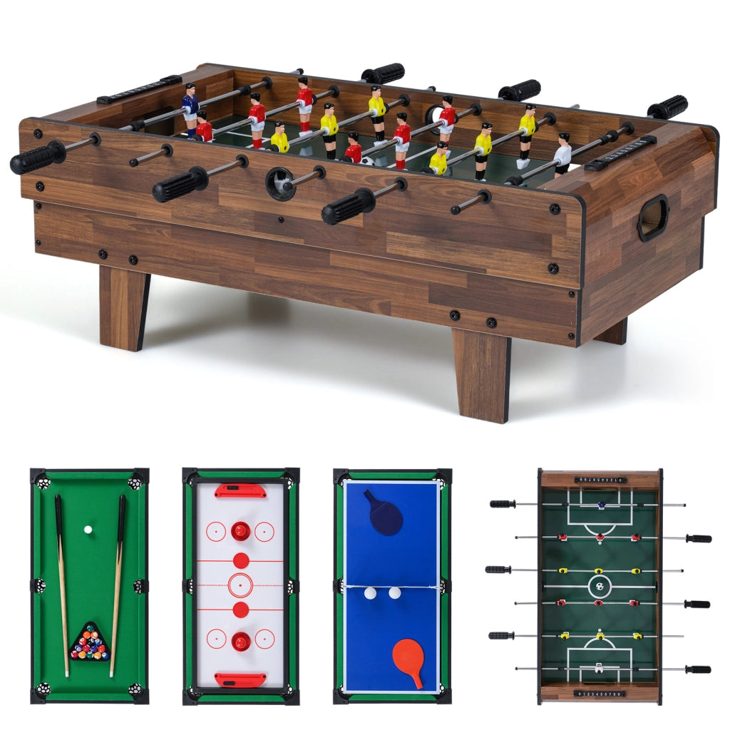 Set di tavoli da gioco 4 in 1 calcio balilla biliardo ping pong-Tavolo multi-gioco hockey accessori per casa sala giochi Marrone
