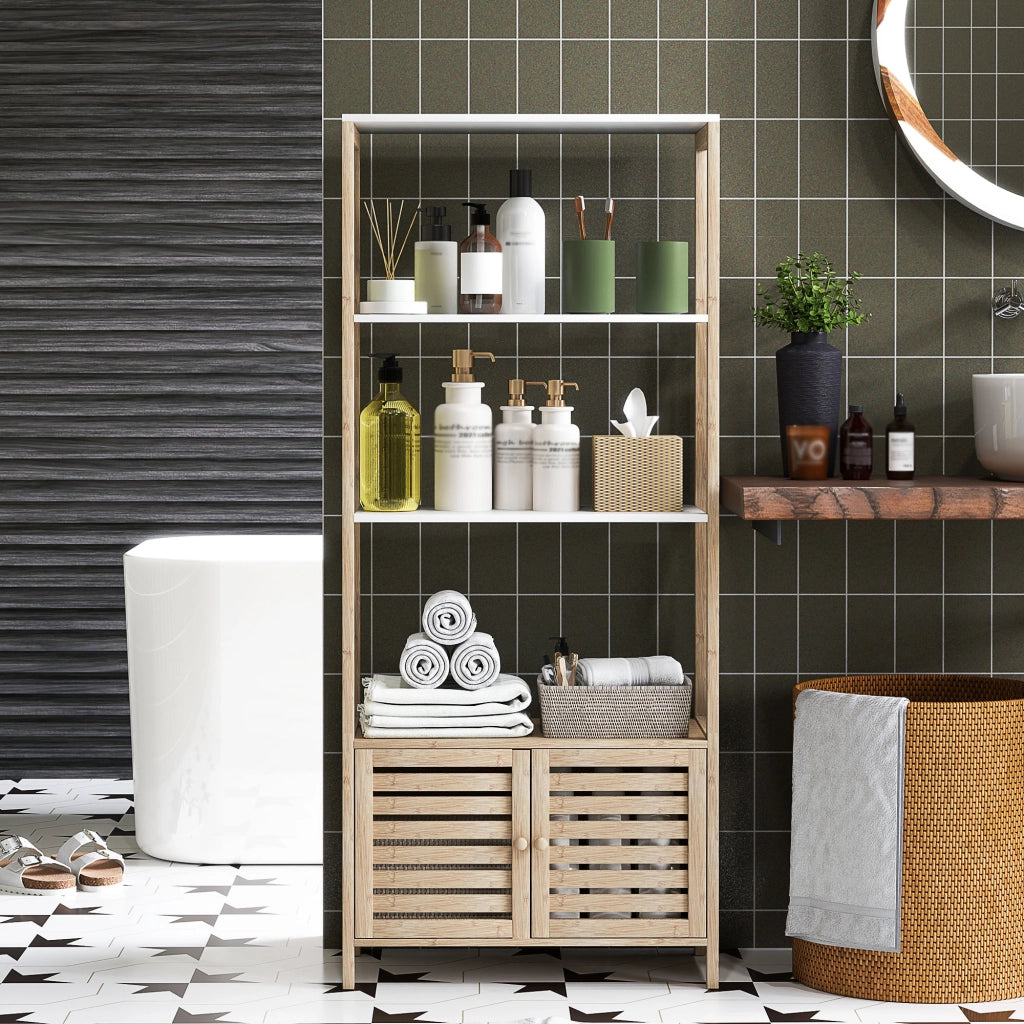 Mobile da Bagno in Bamb¨´ con 3 Ripiani e Ante a Lamelle ¨C Zephmum ¨C Naturale e Bianco 63x30x138 cm