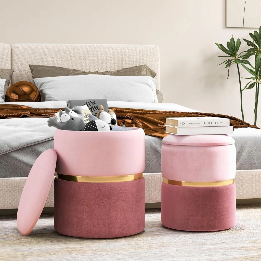 Set di 2 Pouf Contenitore in Velluto, Pouf Rotondi Imbottiti da 32L +21L, Sgabelli con Contenitore per Soggiorno, Camera da Letto, Portata 150 kg (Rosa)