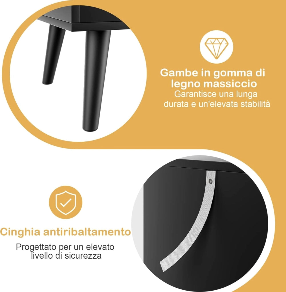 Comodino 45 x 40 x 62 cm per Camera da Letto con 2 Cassetti, Tavolino Moderno da Salotto con Solide Gambe in legno di Gomma, Mobile Salvaspazio per Soggiorno (Nero)