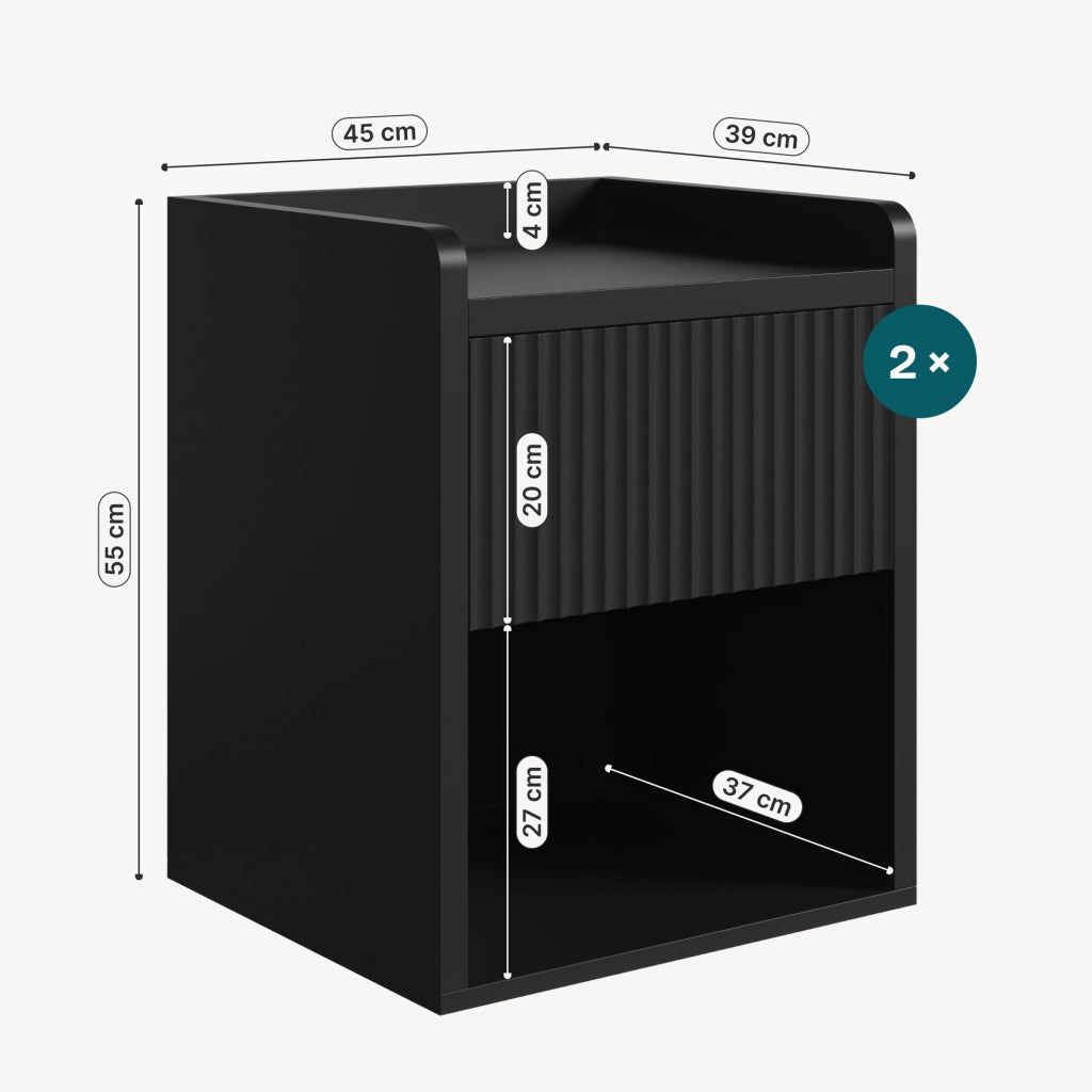 Set di 2 Comodini Nand con Cassetto e Vano Aperto 55x49x39 cm Nero [en.casa]
