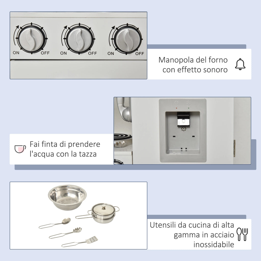 EasyComfort Cucina Giocattolo in Legno per Bambini con Lavandino e Fornelli, Pentole e Utensili in Acciaio, 74x30x81cm, Bianco
