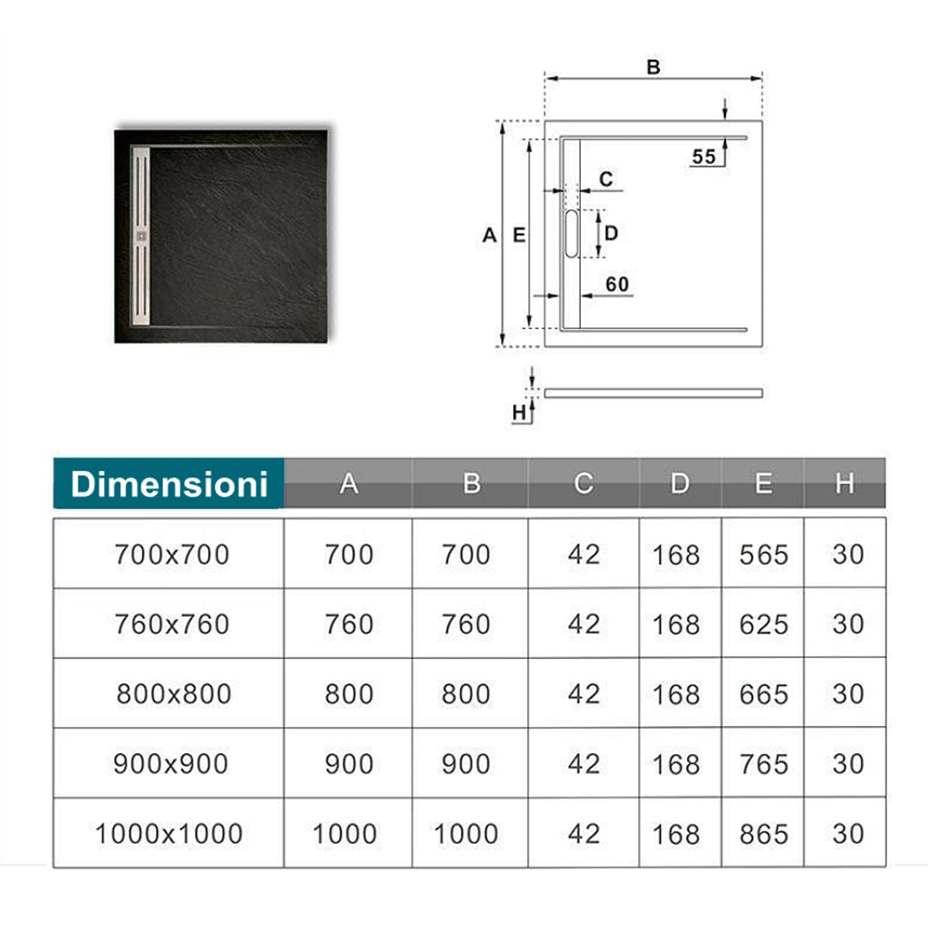 Piatto Doccia Quadrato 70x70x3cm in Pietra Vulcanica e Resina Mista Finitura Pietra Nera Ruvida Ultraslim Antiscivolo Antibatterico
