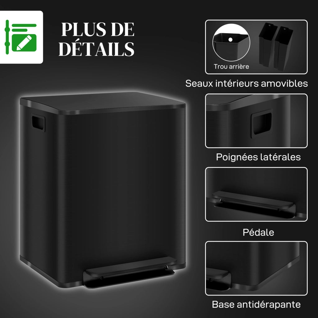 Bidone per rifiuti da cucina 2x25L ¨C zephmum ¨C acciaio inox nero 47.7x37.5x56cm