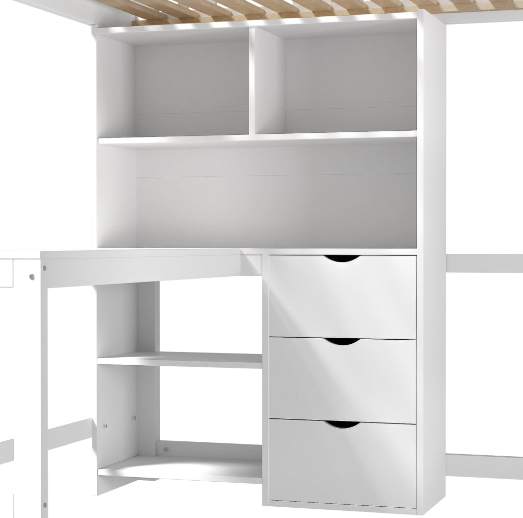 Letto a soppalco bianco per bambini 140x200 cm con scrivania, scala, 3 cassetti e ripiani