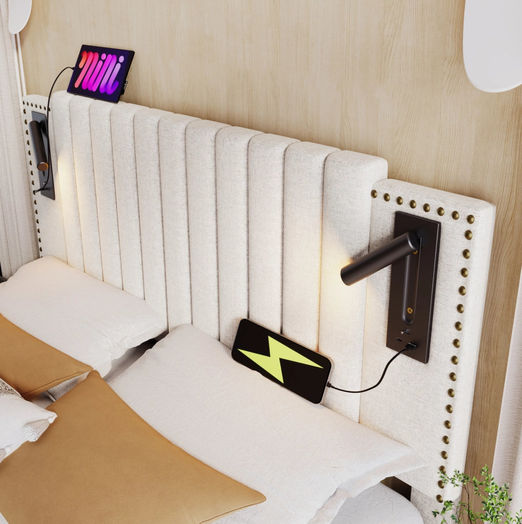 Letto contenitore 160x200 cm con luci da lettura e porte USB beige