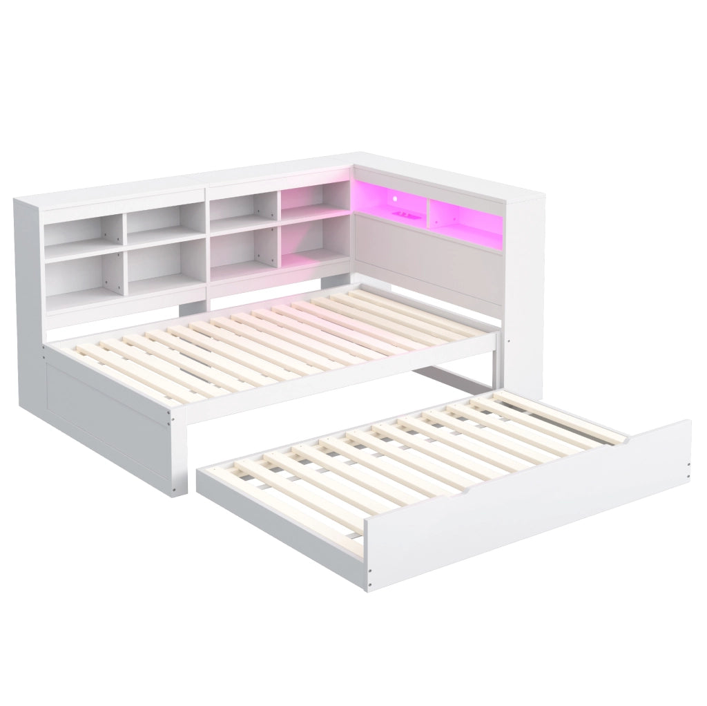 Letto singolo multifunzionale con letto estraibile 90x200 cm; USB; LED; bianco