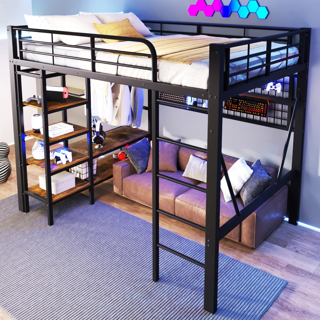 Letto a soppalco in metallo con rete appendi, LED e scala, 140x200 cm, nero