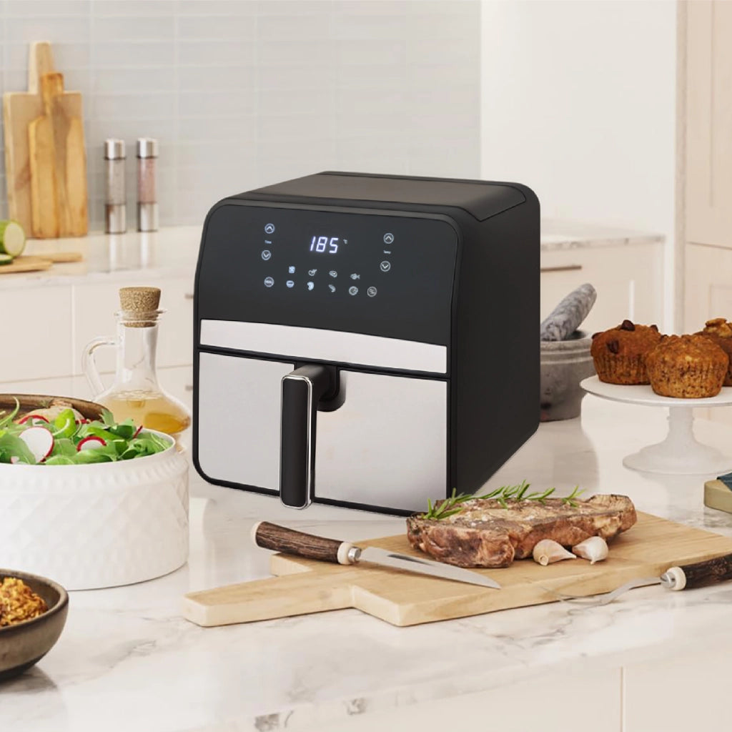 Friggitrice ad Aria 6,5L Digitale XL con Display LED Touch, 8 Programmi Automatici, Temperatura Regolabile fino a 200°C, Cestello Antiaderente, 1800W, Nero/Inox 6.5 Litri - Nero