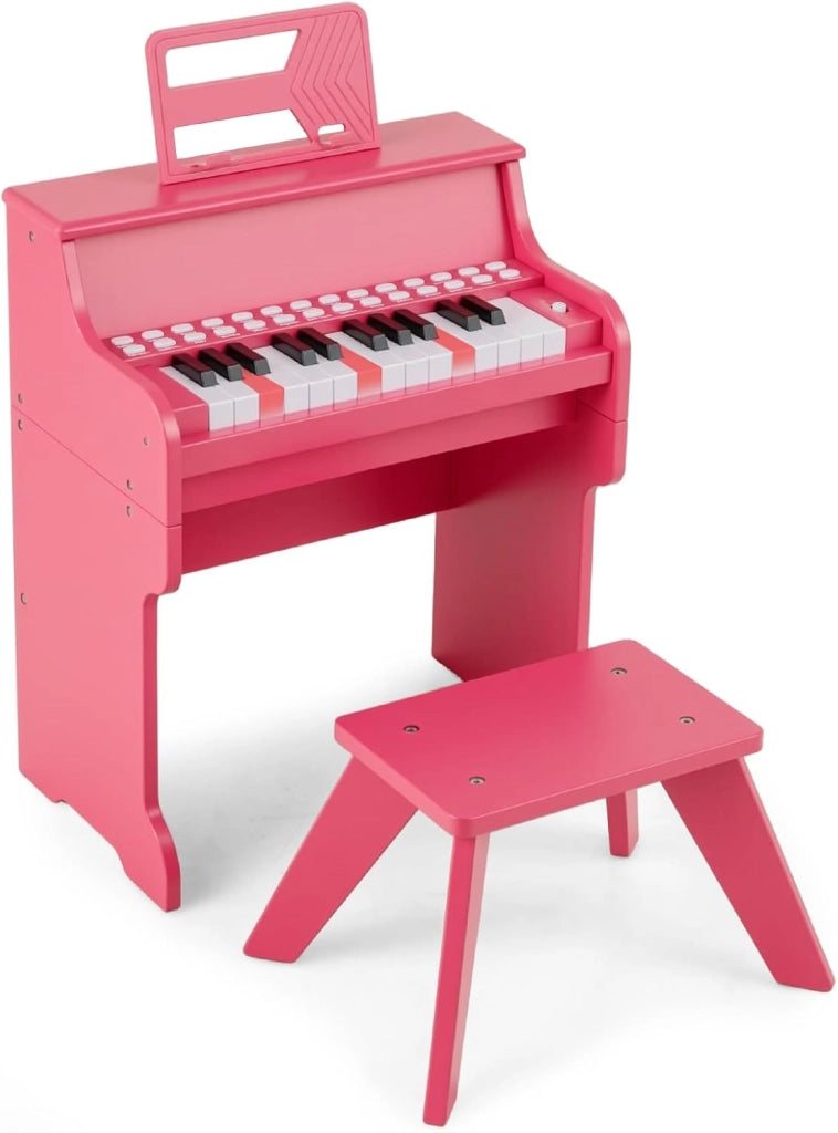 Pianoforte Digitale Bambini a 25 Tasti con Luci, Pianola Elettrica con 6 Toni, 15 Demo e 8 Percussioni, Set Tastiera Musicale con Sgabello e Leggio Rimovibile, per Bambini 3+ Anni (Rosa)