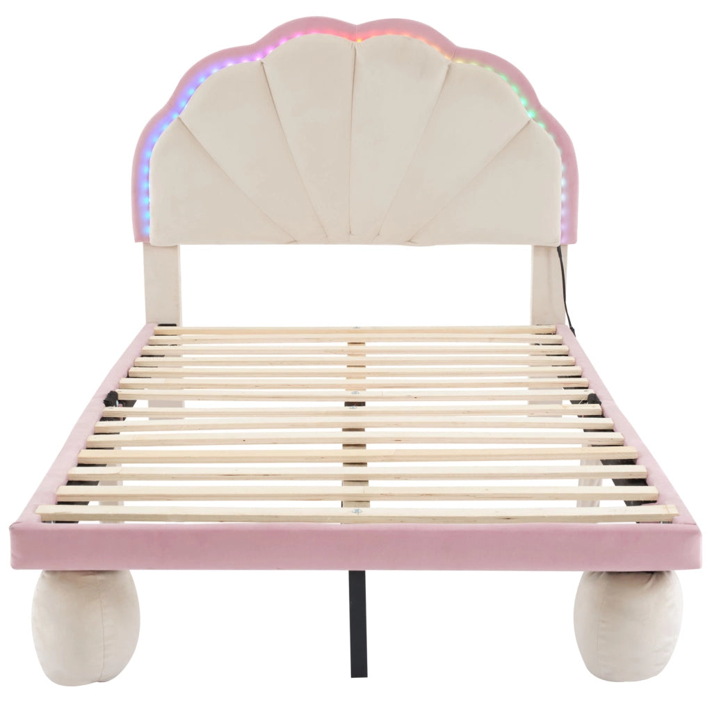Letto per Bambini 90x200 cm; Letto Singolo - LED Multicolore con Effetti Cangianti - in Velluto - Beige e Rosa