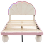 Letto per Bambini 90x200 cm; Letto Singolo - LED Multicolore con Effetti Cangianti - in Velluto - Beige e Rosa