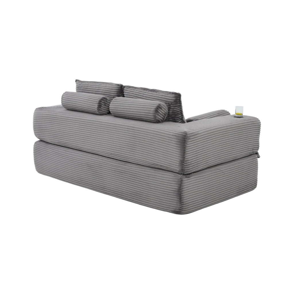 Divano letto modulare in tessuto a coste con tasche laterali, portabicchieri e cuscini memory grigio scuro