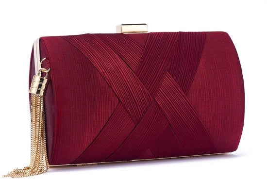 Borsa da sera con frangia elegante, catena e portachiave, borsa da braccio per donne, piccola borsa da braccio in vino rosso