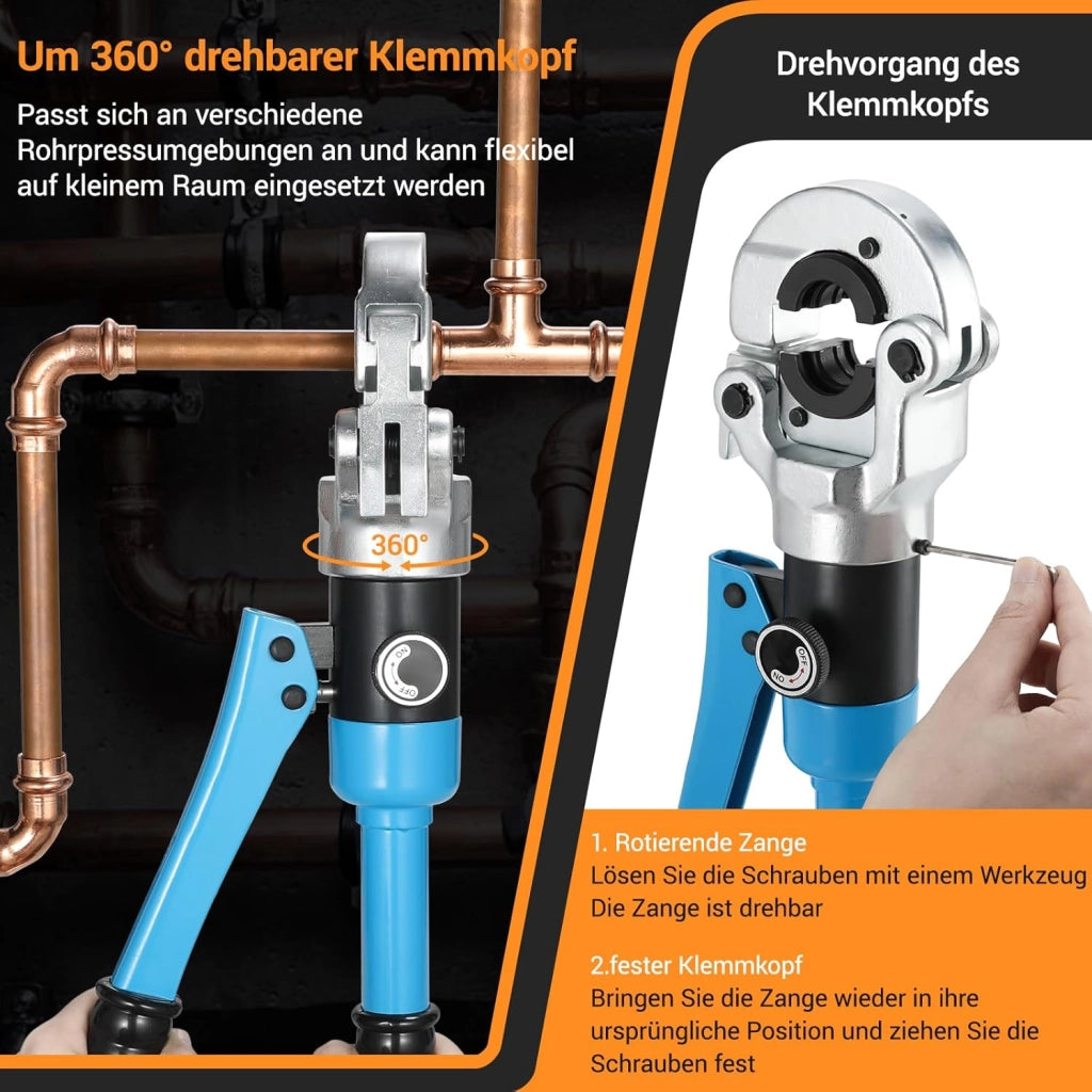 Crimpatrice Multistrato,Pressatrice Multistrato,Pinza Crimpatrice Idraulica con Testa Rotante a 360°,Crimpatrice pinza per tubo in rame e acciaio inox,8T,Pinza per Serra Multistrato V12-15-18-22-28